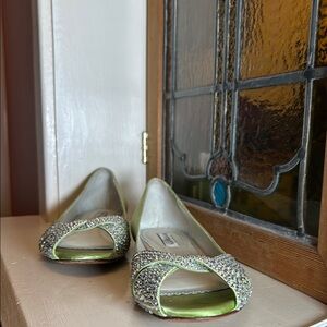 Green and Silver Peep-Toe Flats with Metallic Finish